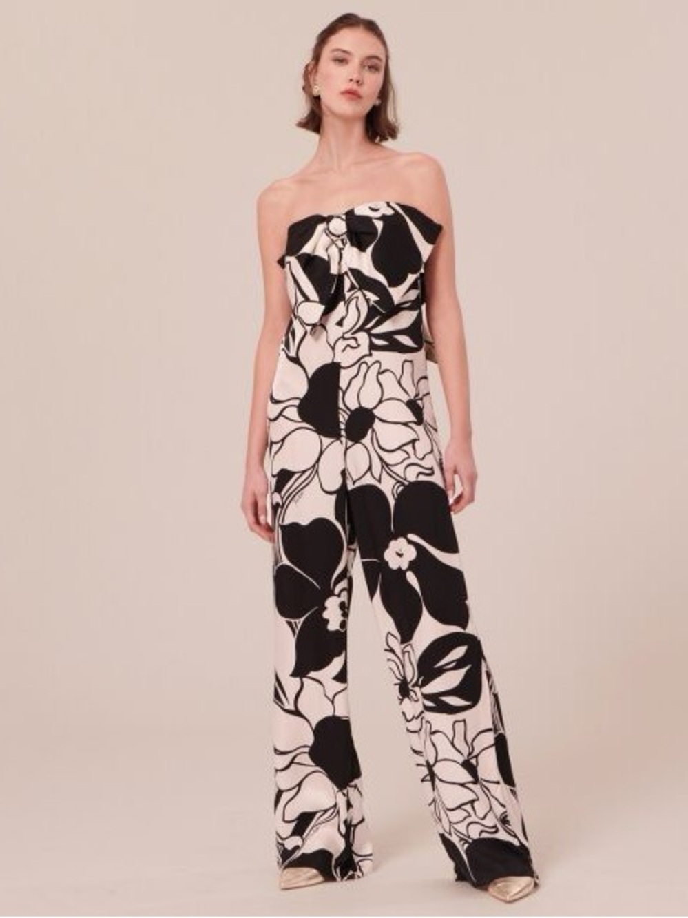 NWT TARA JARMON Coeur Strapless Jumpsuit Black White Floral Bow Front US 8